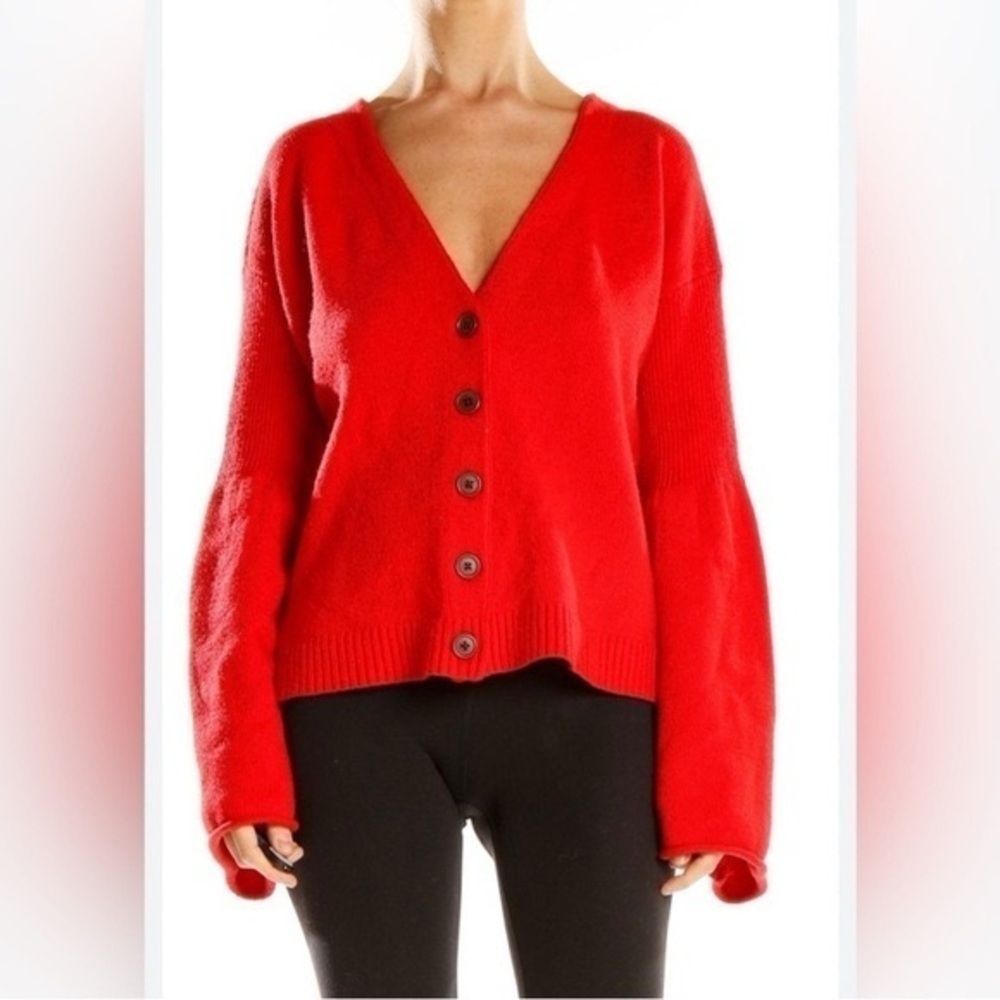 Anthropologie Cardigan Womens XS MOTH Red Wool Bell Sleeve V Neck Ribbed Sweater